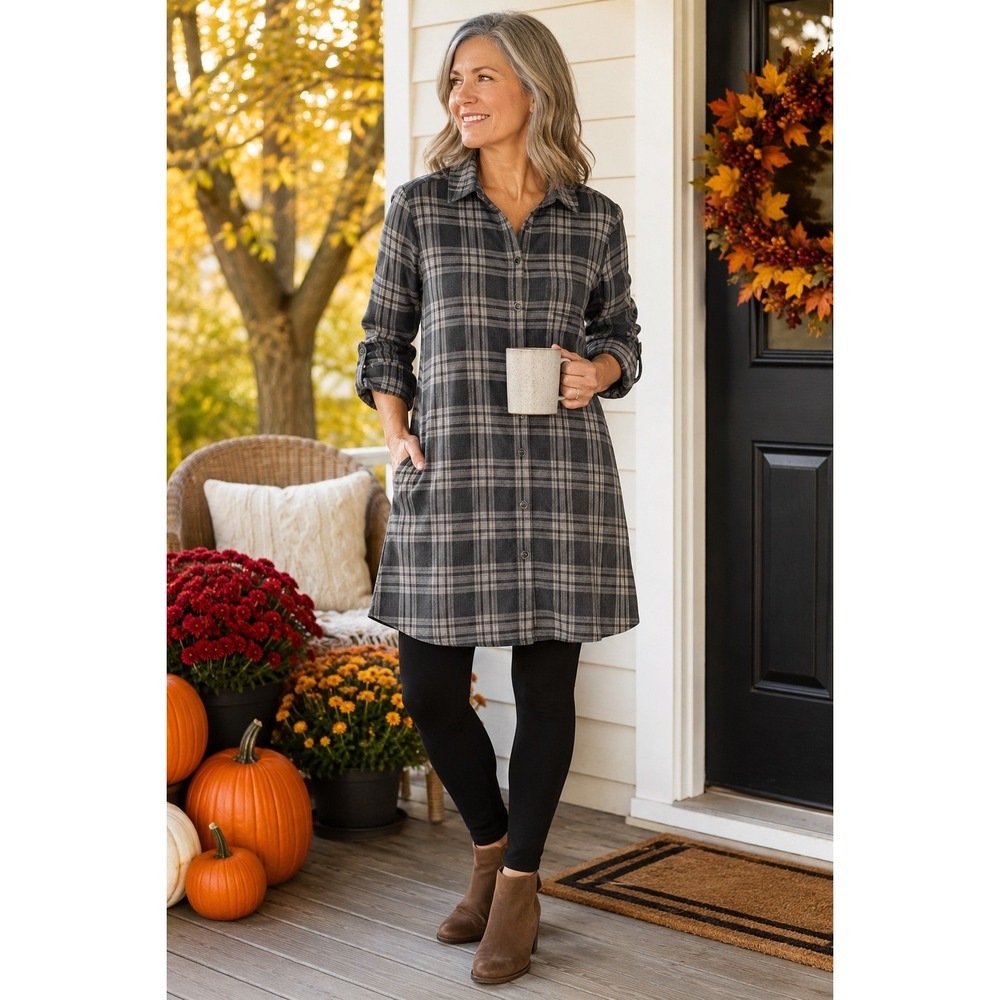 J. Jill Gray Plaid Long-Sleeve Shirt Dress NWT